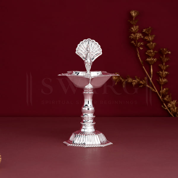 Pure Silver Samai Diya BIS Hallmarked with Peacock at Centre & Unique Design (92.5% Purity)