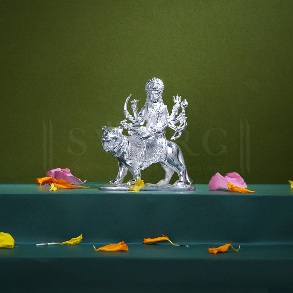 Pure Silver Goddess Maa Durga/Ambe Maa Sherawali BIS HALLMARKED Solid Idol Sitting on Lion (925 Purity)