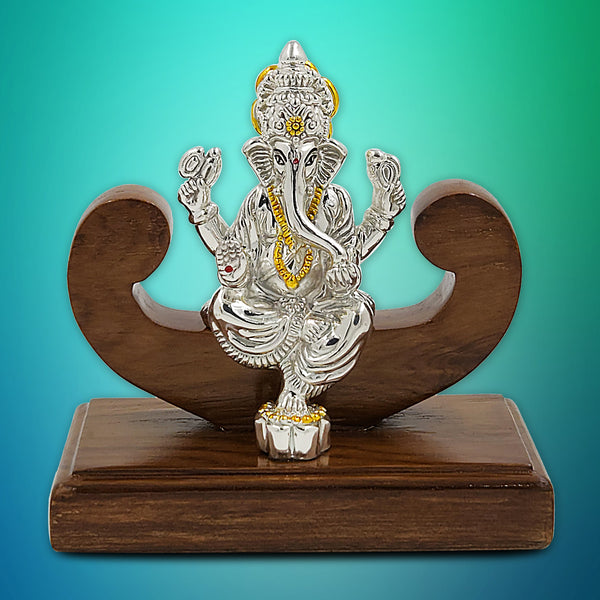 Pure Silver Ganpati Bappa/Ganeshji BIS HALLMARKED Hollow Idol with Wooden Base (999 Purity)(30 Grams Silver)