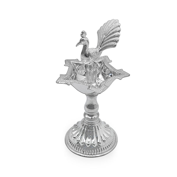 Diya with a Silver Peacock Idol in Middle