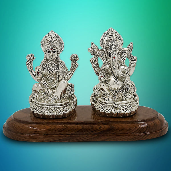 Pure Silver Lakshmi Ganesh BIS HALLMARKED Hollow Idol with Wooden Base (999 Purity) (80 Grams Silver)