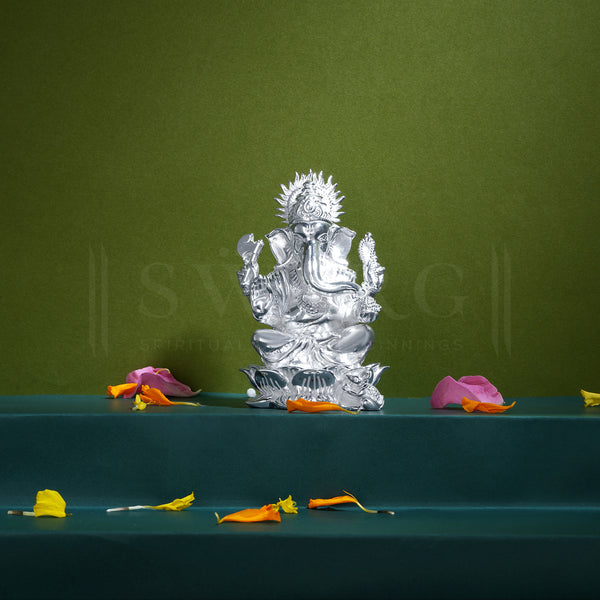 Pure Silver Lord Ganesh/Ganpatiji BIS HALLMARKED Solid Idol with Lotus/Kamal Base (925 Purity)