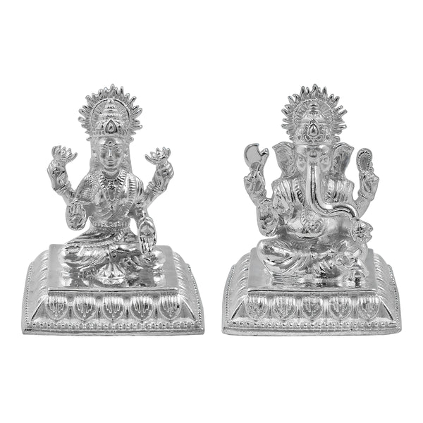 Pure Silver Goddess Lakshmi/Laxmiji & Lord Ganesh/Ganpatiji Solid Idol with Square Designer Base/Paat (925 Purity)