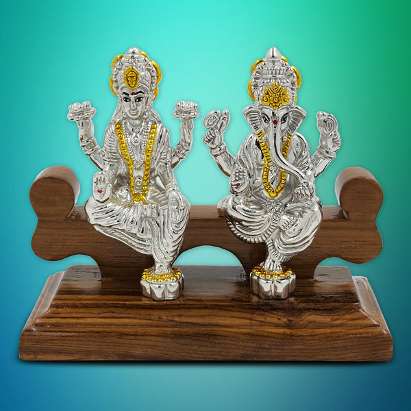 Pure Silver Lakshmi Ganesh BIS HALLMARKED Hollow Idol with Wooden Base (999 Purity) (60 Grams Silver)