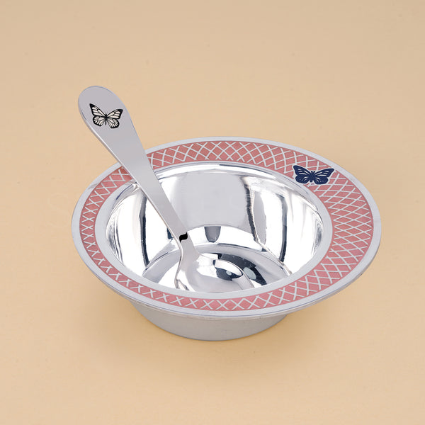 Pure Silver Premium Baby Bowl & Spoon Set – Butterfly Design with Pink Accent | Elegant, Safe & Gift-Ready (92.5 Purity, 150 Grams))