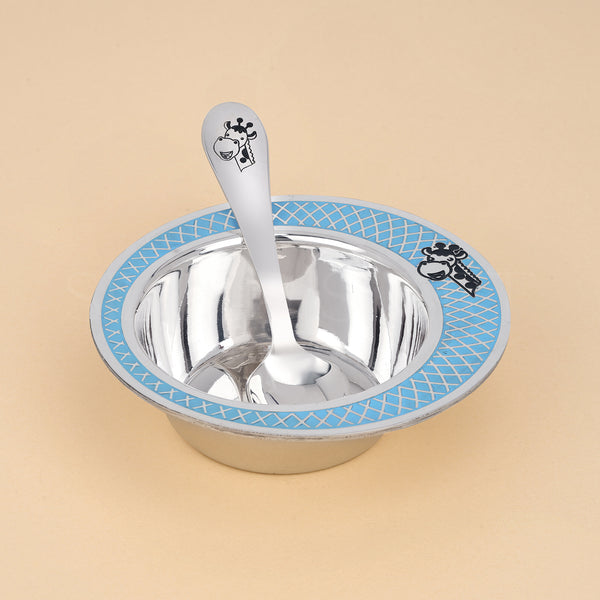 Pure Silver Premium Baby Bowl & Spoon Set – Giraffe Motif with Blue Accent | Whimsical, Safe & Keepsake-Ready (92.5 Purity, 150 Grams))