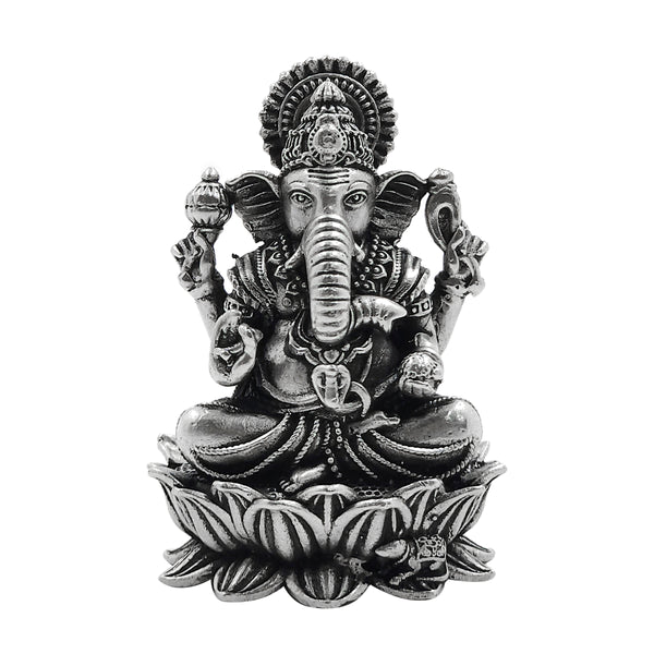 Pure Silver Lord Ganesh/Ganpatiji Semi-Solid Idol on Lotus/Kamal with Antique Oxidized Finish (925 Purity)