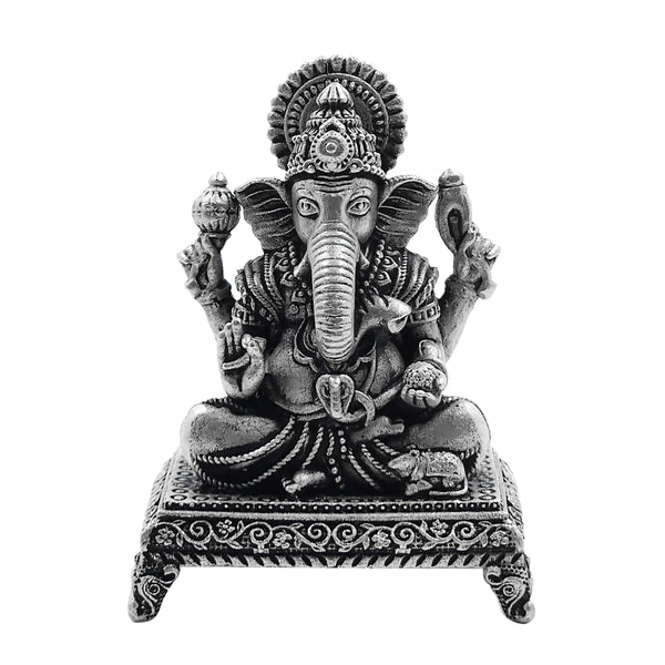 Pure Silver Lord Ganesh/Ganpatiji Semi-Solid Idol with Paat & Antique Oxidized Finish (925 Purity)