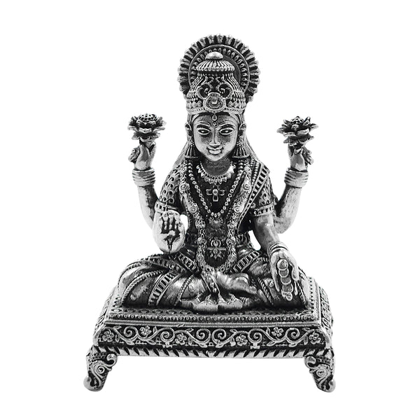 Pure Silver Goddess Lakshmi/Laxmiji Semi-Solid Idol with Paat & Antique Oxidized Finish (925 Purity)