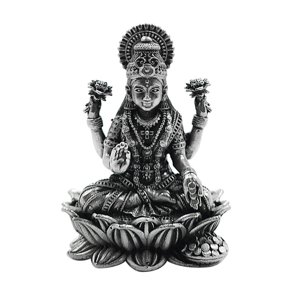 Pure Silver Goddess Lakshmi/Laxmiji Semi-Solid Idol on Lotus/Kamal with Antique Oxidized Finish (925 Purity)