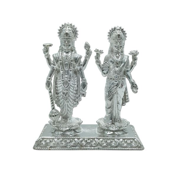 Pure Silver Lord Vishnu Narayan & Goddess Laxmi/Lakshmi Solid Jodi Idol Standing on Lotus/Kamal & Rectangle Base (925 Purity)