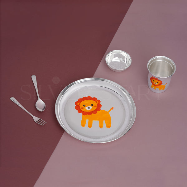 Pure Silver Kids Dinner Set – Cartoon Lion Design (5 Pieces) - Includes Plate, Bowl, Glass, Spoon & Fork – Ideal for Gifting & Everyday Use (92.5 Purity)