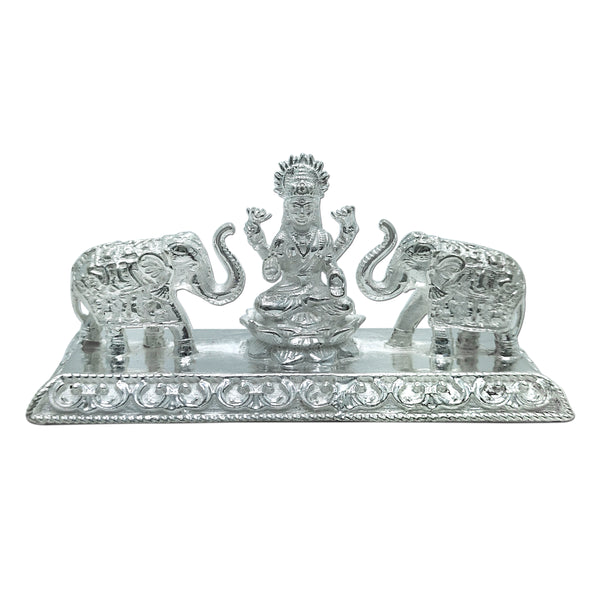 Pure Silver Goddess Gaj Laxmi/Lakshmi Solid Idol Sitting on Lotus Flower with 2 Elephants/Gaj at Both Sides (925 Purity)