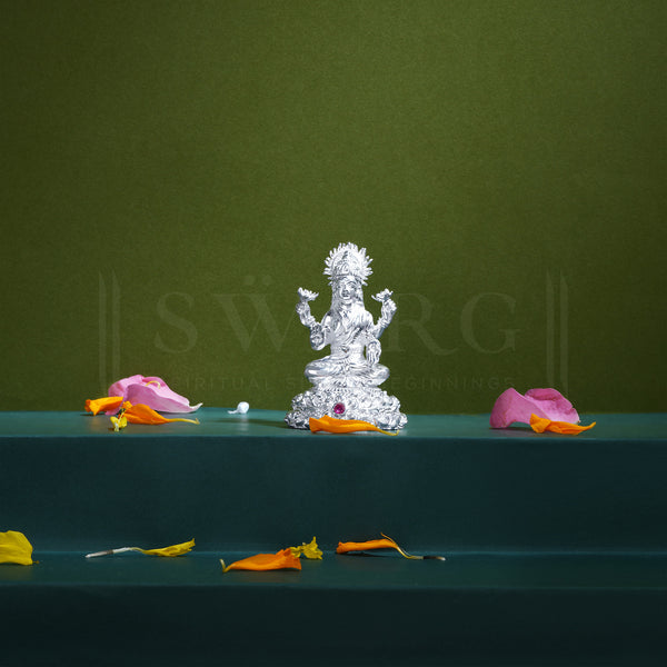 Pure Silver Goddess Lakshmi/Laxmiji BIS HALLMARKED Solid Idol with Beautiful Design & Colour Stone at Round Base (925 Purity)