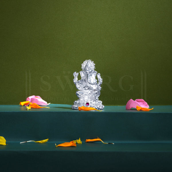 Pure Silver Lord Ganpati/Ganeshji BIS HALLMARKED Solid Idol with Beautiful Design & Colour Stone at Round Base (925 Purity)
