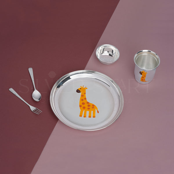 Pure Silver Kids Dinner Set (5-Piece) – Cartoon Giraffe Design – Includes Plate, Bowl, Glass, Spoon & Fork – Perfect for Gifting & Everyday Use (92.5 Purity)
