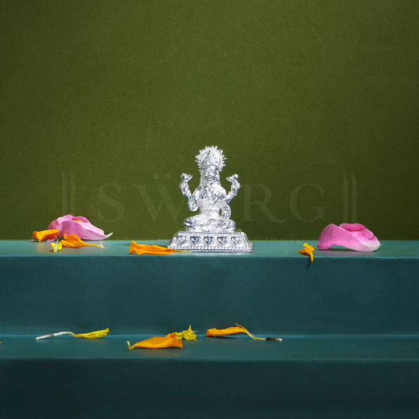 Pure Silver Goddess Lakshmi/Laxmiji Solid Idol with Square Designer Base/Paat (925 Purity)