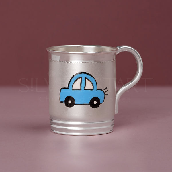 Pure Silver Kids Mug – Blue Car Design (92.5% Purity) | Vroom into Joyful Moments