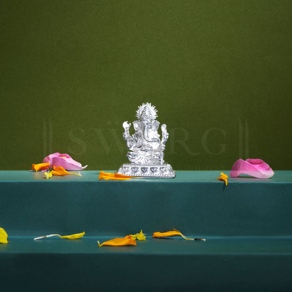 Pure Silver Lord Ganesh/Ganpatiji BIS HALLMARKED Solid Idol with Square Designer Base/Paat (925 Purity)