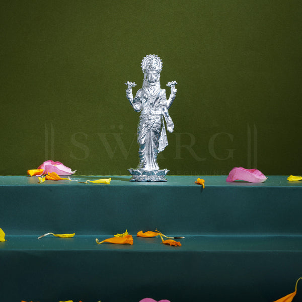 Pure Silver Goddess Laxmi/Lakshmi BIS HALLMARKED Solid Idol with Lotus/Kamal Base (925 Purity)