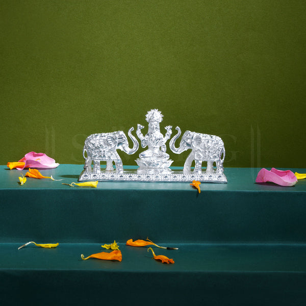 Pure Silver Goddess Gaj Laxmi/Lakshmi BIS HALLMARKED Solid Idol Sitting on Lotus Flower with 2 Elephants/Gaj at Both Sides (925 Purity)