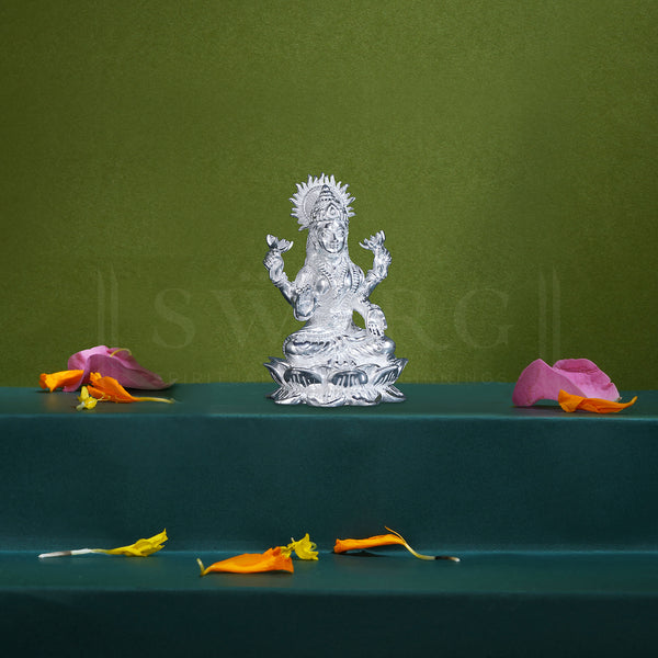 Pure Silver Goddess Lakshmi/Laxmiji BIS HALLMARKED Solid Idol with Lotus/Kamal Base (925 Purity)(150 Grams)