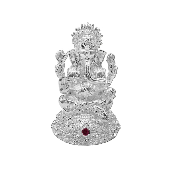 Pure Silver Lord Ganpati/Ganeshji Solid Idol with Beautiful Design & Colour Stone at Round Base (925 Purity)