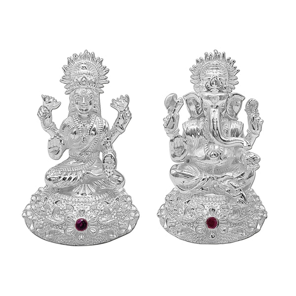 Pure Silver Goddess Lakshmi/Laxmiji & Lord Ganesh/Ganpatiji Jodi Solid Idol with Beautiful Design & Colour Stone at Round Base (925 Purity)