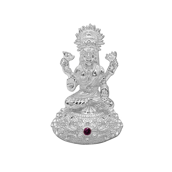 Pure Silver Goddess Lakshmi/Laxmiji Solid Idol with Beautiful Design & Colour Stone at Round Base (925 Purity)