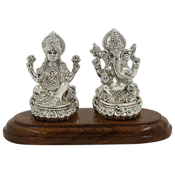 Pure Silver Lakshmi Ganesh Idol with Wooden Base (999 Purity) (80 Grams Silver)