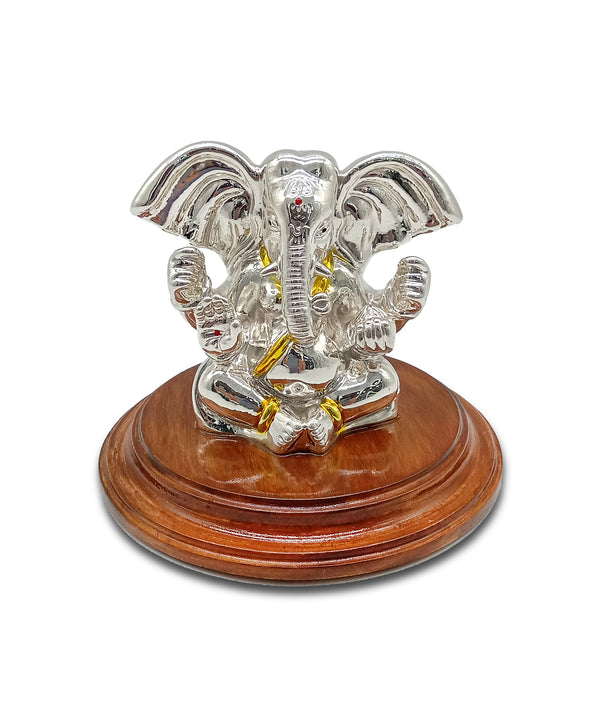 Pure Silver Ganpati Bappa/Ganeshji Idol with Round Wooden Base (999 Purity)(60 Grams Silver)