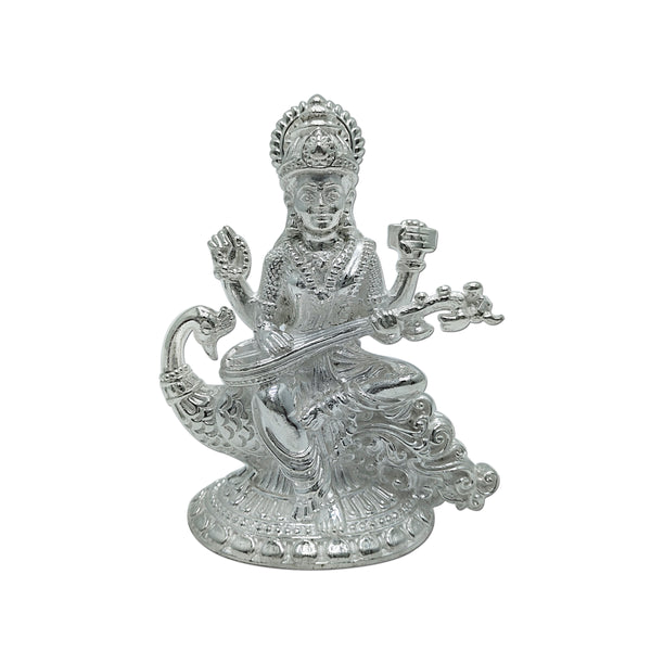 Pure Silver Goddess Saraswati Solid Idol/Statue Holding Veena & Sitting on Beautiful Peacock (925 Purity)