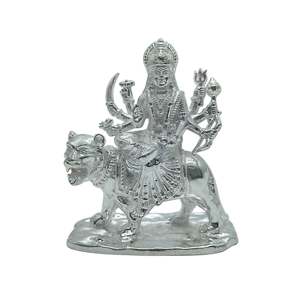 Pure Silver Goddess Maa Durga/Ambe Maa Sherawali Silver Idol Sitting on Lion (925 Purity)