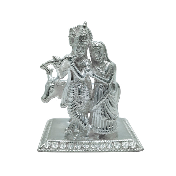 Pure Silver Radha Krishna Solid Idol Playing Flute With Kamdhenu Cow & Rectangle Base (925 Purity)