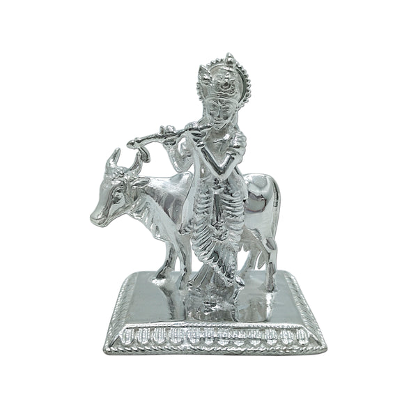 Pure Silver Lord Krishna Solid Idol Playing Flute with Kamdhenu Cow & Rectangle Base (925 Purity)