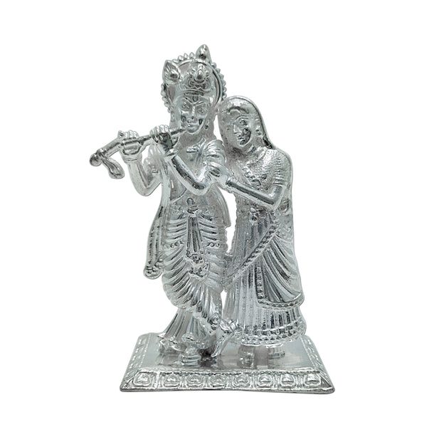 Pure Silver Radha Krishna Solid Idol with Flute & Rectangle Base (925 Purity)