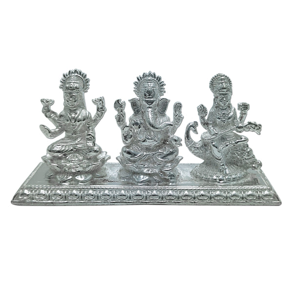 Pure Silver Goddess Lakshmi/Laxmiji Lord Ganesh/Ganpatiji & Goddess Saraswati Trimurti Jodi Solid Idol with Rectangle Base (925 Purity)