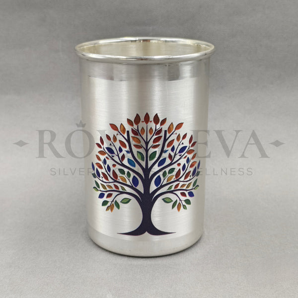 Pure Silver Glass with Handcrafted Tree Enamel Design | Elegant Wellness Drinkware for Gifting & Daily Use (97% Purity, 80 - 100 Grams)
