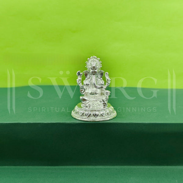 Pure Silver Lord Ganesh/Ganpatiji BIS HALLMARKED Solid Idol with Round Designer Base/Paat (925 Purity)(50 Grams)